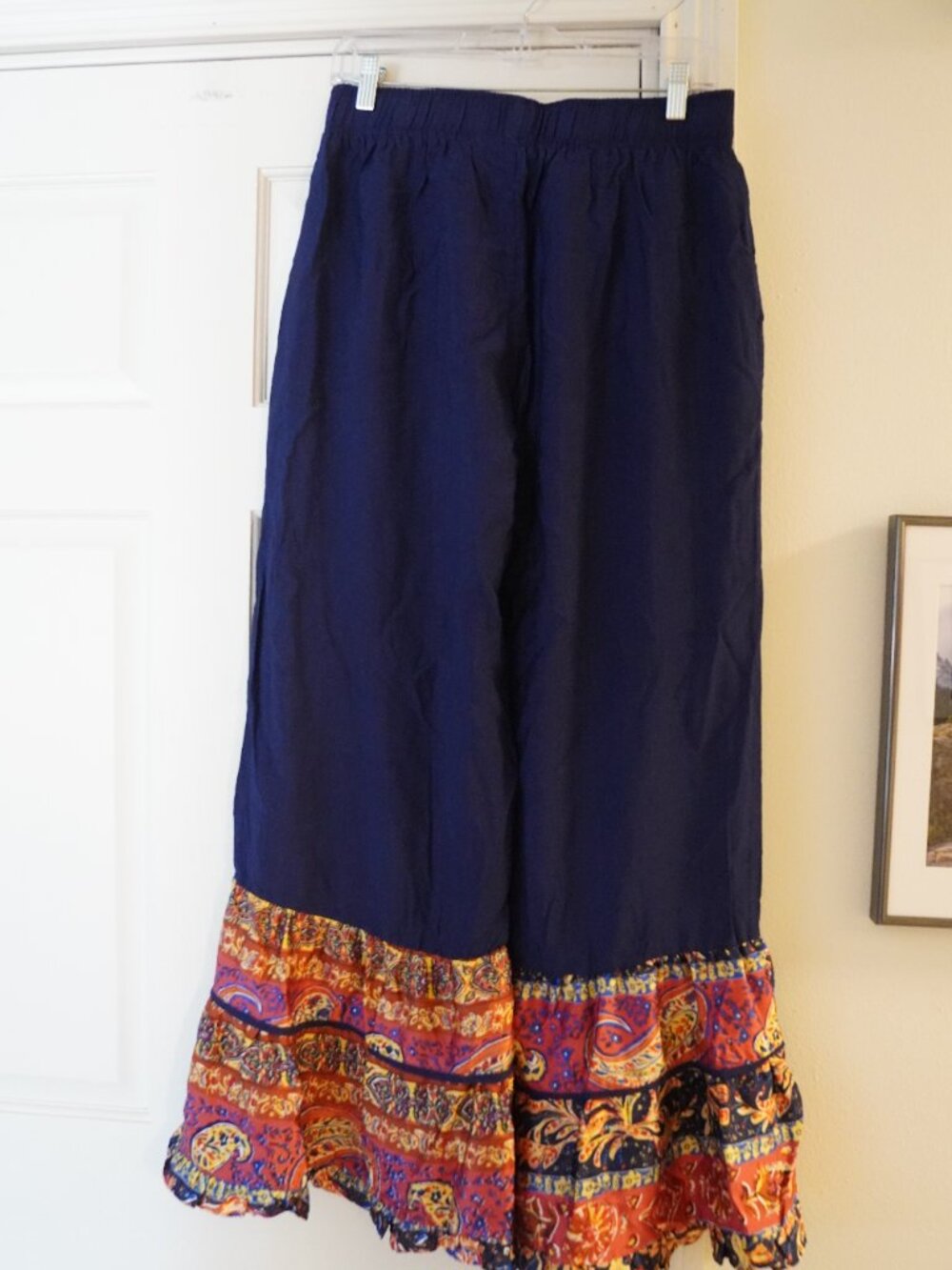 Umgee Navy Wide Leg Palazzo Pants Paisley Boho Hem Size Large NWT - Picture 3 of 5